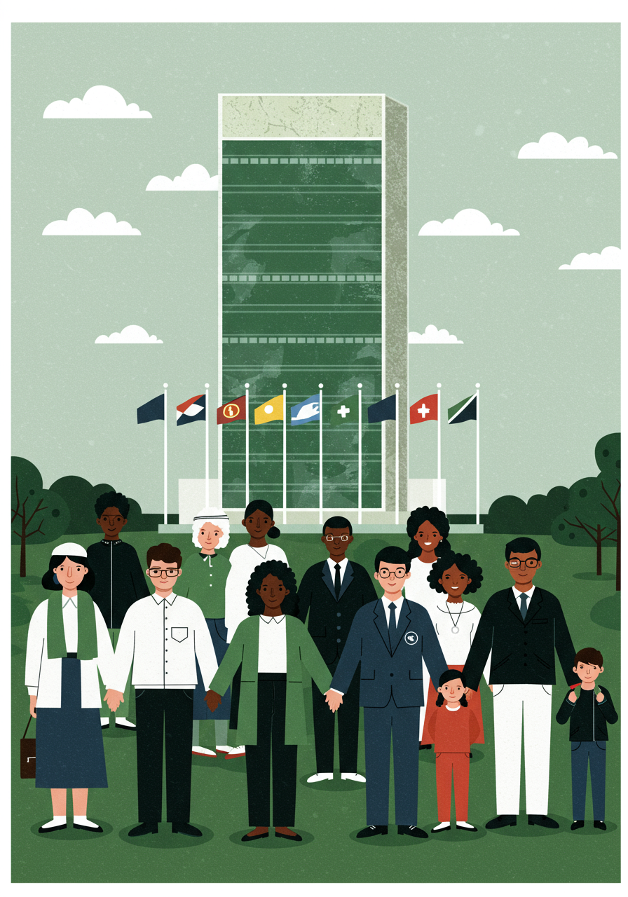 Illustration of diverse group holding hands in front of a building with multiple flags, depicting unity and global collaboration.