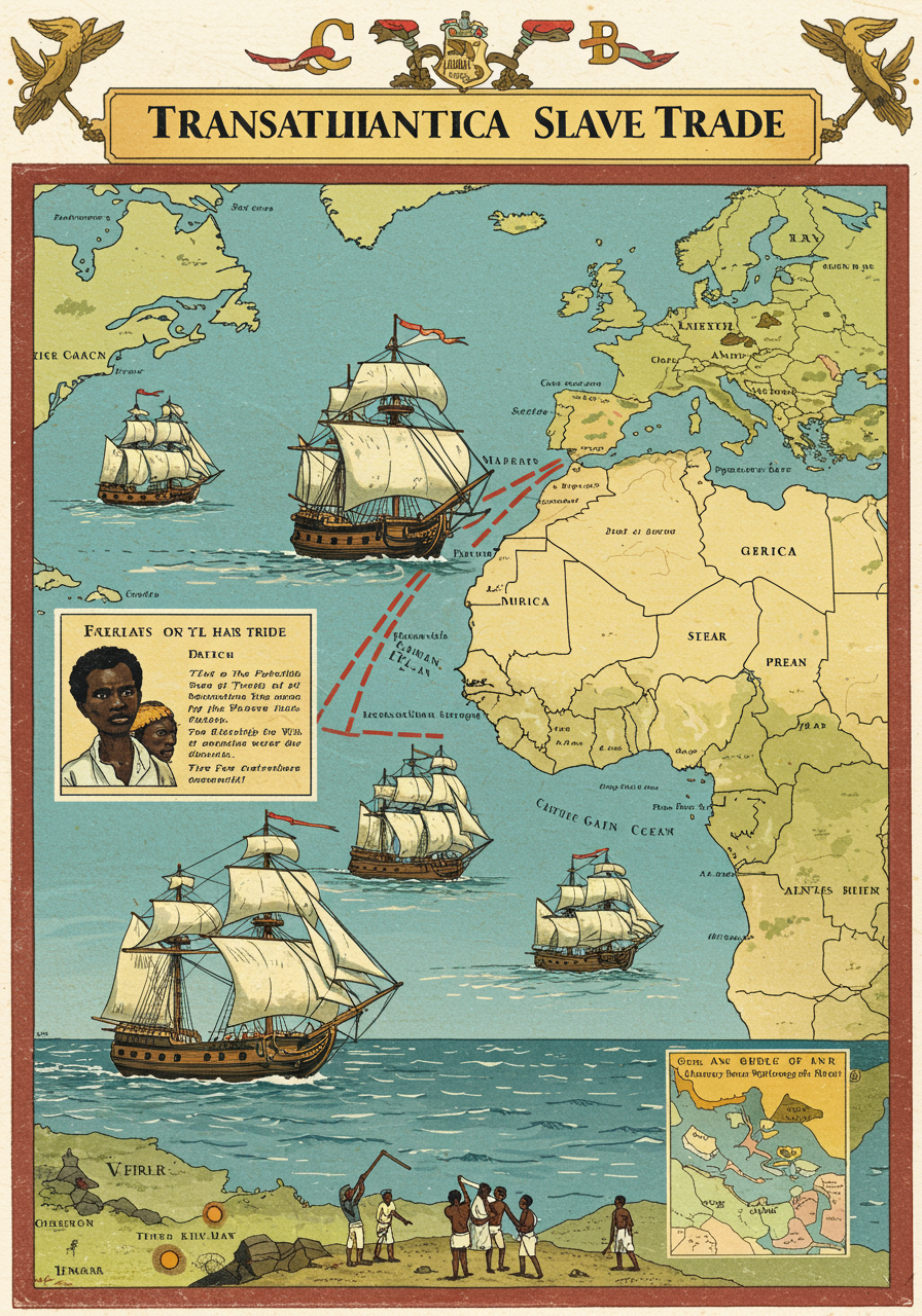 Illustrated map of the Transatlantic Slave Trade routes, depicting ships sailing between Africa, the Americas, and Europe, with an inset image of enslaved individuals and details of slave trade facts.