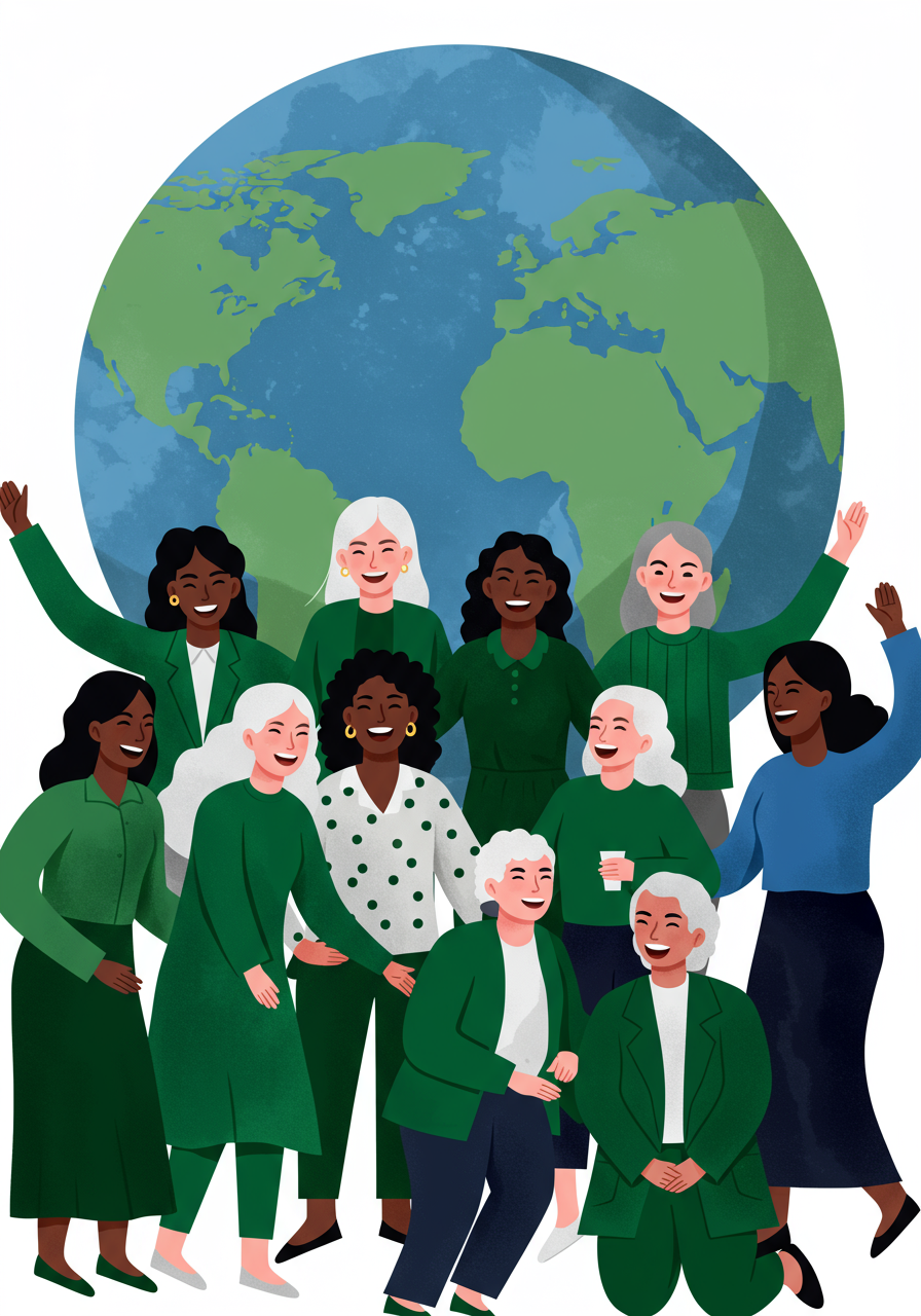 A diverse group of eleven women wearing green clothing pose together, smiling and waving, in front of a large globe image.