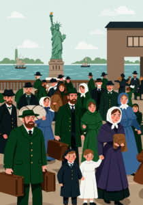 Illustration of immigrants arriving in New York City, with the Statue of Liberty in the background. Men, women, and children carry luggage and wear 19th-century clothing.