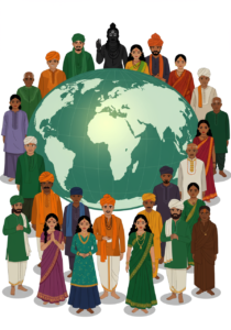 A diverse group of people wearing traditional South Asian attire stand around a large globe.