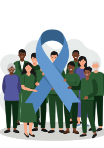 A diverse group of individuals wearing green hold a large blue awareness ribbon.