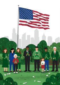 A diverse group of people wearing green ribbons stands in a park with an American flag and city skyline in the background.