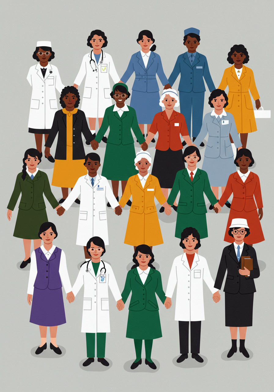 Illustration of diverse women in historical uniforms, including doctors, nurses, and military personnel, standing in rows, holding hands, symbolizing unity and progress in various professions.