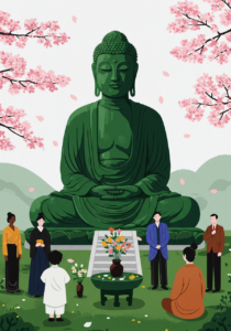 Illustration of a large seated Buddha statue with people standing around it, set in a garden with cherry blossoms.