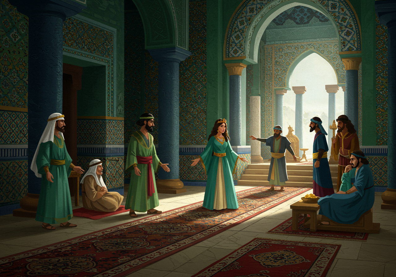 A regal woman in a teal dress stands in the center of a grand, ornate room with several men in traditional robes gathered around her, against a backdrop of intricate architectural details.