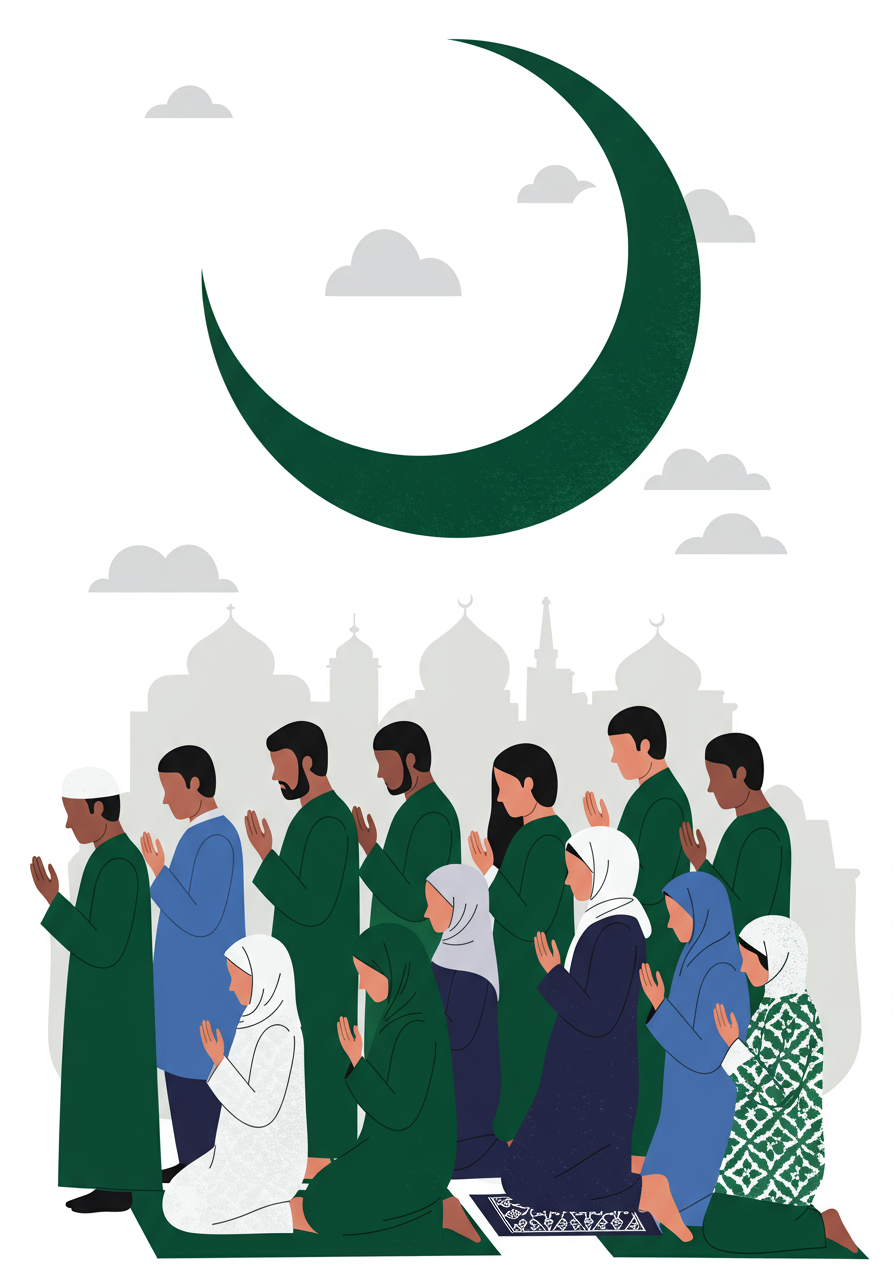 Illustration of a group of diverse people in traditional clothing praying under a large crescent moon, with clouds and a mosque silhouette in the background.