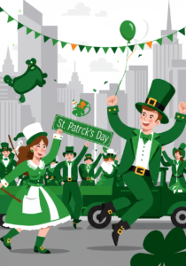 Illustration of a St. Patrick's Day parade with people in green outfits, one holding a sign, others cheering, clovers, and cityscape in the background.