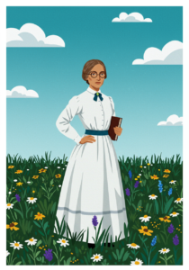 Illustration of a woman standing in a flower-filled meadow, wearing a long white dress, holding a book. The sky is blue with scattered clouds.