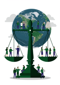 Illustration of people on a green balance scale, positioned in front of a globe. The scale weighs people on each side with additional figures around its base, symbolizing global cooperation or justice.