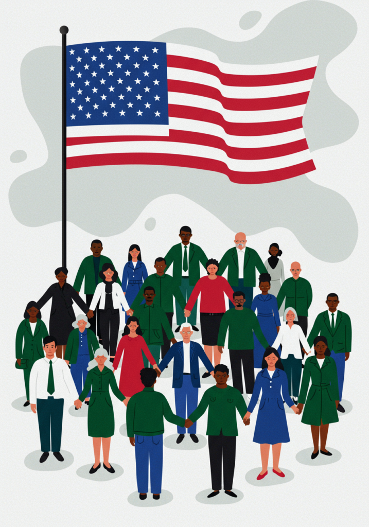A diverse group of people in green and white clothing stand in a circle holding hands under a large U.S. flag.