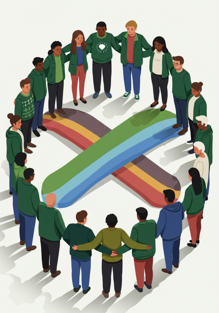 A diverse group of people stands in a circle, holding hands around a multicolored abstract ribbon on the ground.