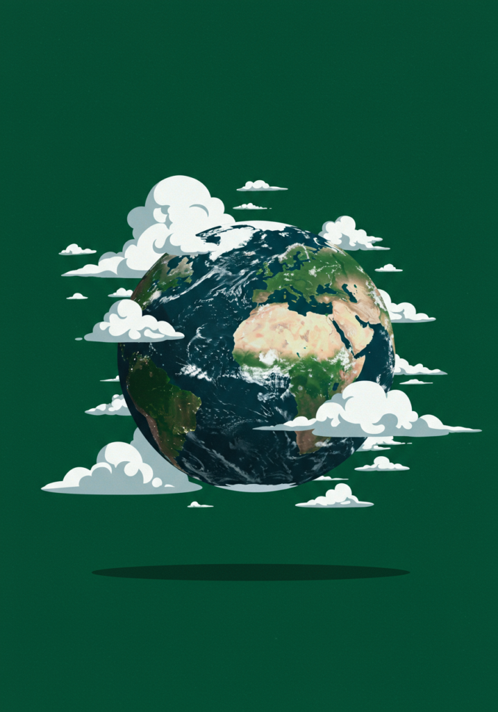Illustration of Earth surrounded by white clouds on a dark green background.