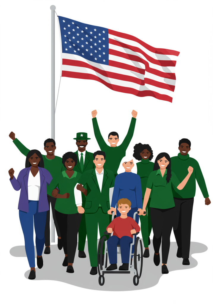 A diverse group of nine people, including one in a wheelchair, stands smiling in front of a waving American flag.