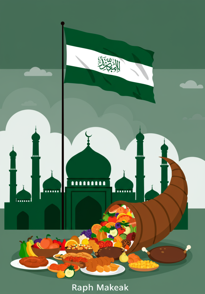 Illustration of a cornucopia filled with fruits and vegetables in front of a mosque silhouette and a flag with Arabic script, set against a green background, symbolizing the abundance and gratitude associated with Muslim holidays like Eid al-Fitr.