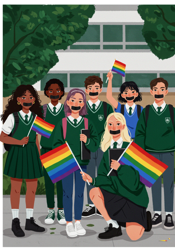 Illustration of diverse students in green uniforms with rainbow flags and taped mouths, standing and kneeling outside a school building.