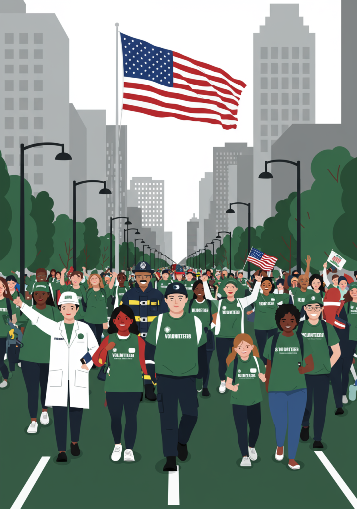 A diverse group of volunteers in green shirts march through a city street, holding American flags. Buildings and trees line the road, and a large U.S. flag is in the background.