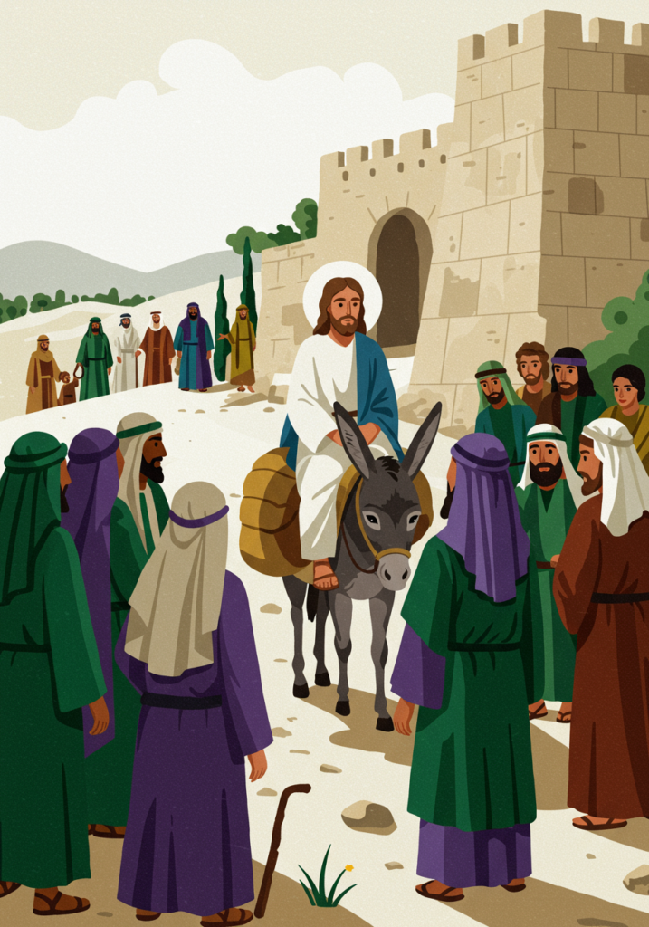 Illustration of a man riding a donkey, surrounded by people in robes, near a stone wall with an arched gate.