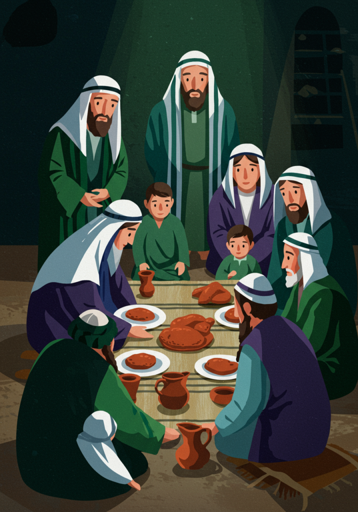 A group of people in traditional attire sit around a spread of food on the floor, including flatbreads and bowls, in a warmly lit room.