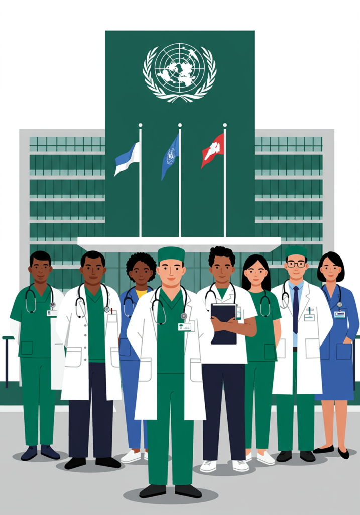 Illustration of doctors in front of a hospital building with flags. Seven healthcare professionals in uniforms stand facing forward.
