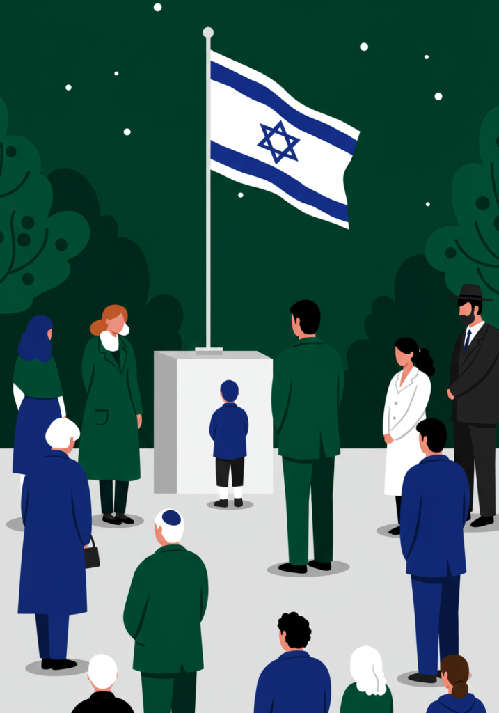 Illustration of diverse people standing around a flagpole with the Israeli flag against a night sky backdrop, trees in the background.