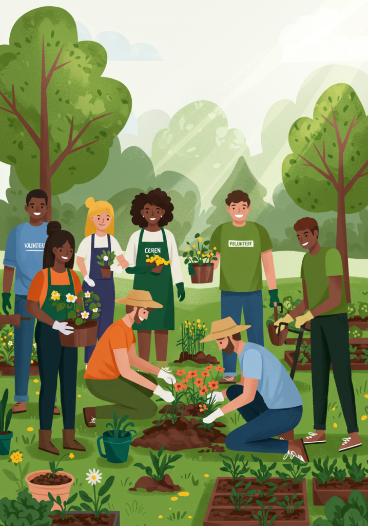A diverse group of people gardening together in a park. Some are planting flowers while others hold tools and flower pots. Trees and garden beds are in the background.