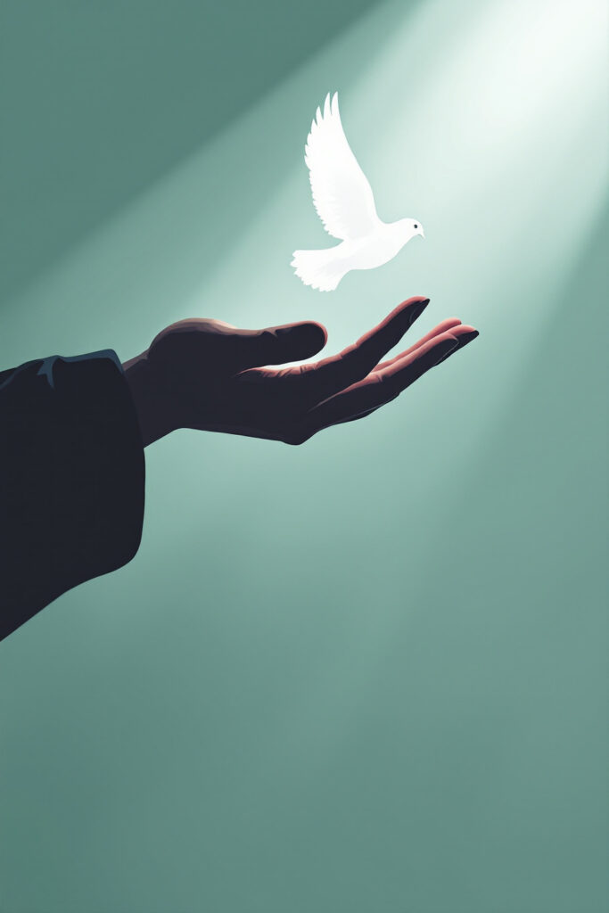 A hand releases a white dove into a beam of light against a green background.
