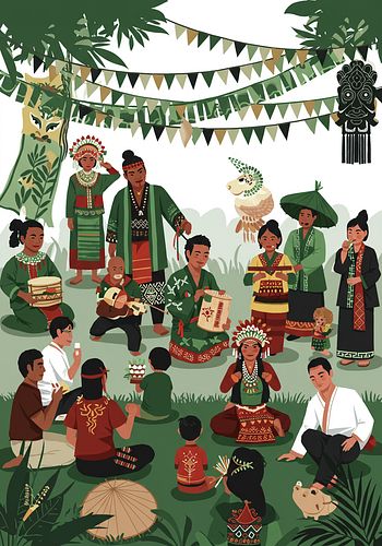 A group of people in traditional clothing gather outdoors, surrounded by greenery and decorations, engaging in cultural activities, crafts, and music.