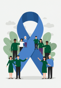 Illustration of a large blue awareness ribbon with diverse people of different ages and backgrounds standing in front, representing support and solidarity.
