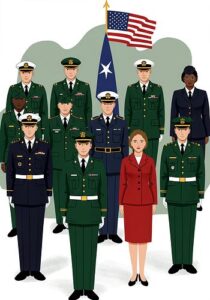 Illustration of a diverse group of military personnel and officials in uniform, standing in formation with an American flag and a military flag in the background.