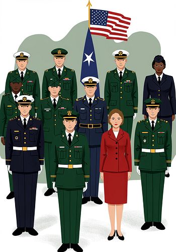 Illustration of a diverse group of military personnel and officials in uniform, standing in formation with an American flag and a military flag in the background.