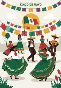 A group of people in traditional Mexican clothing dance and celebrate under colorful banners with a Mexican flag in the background and the text “Cinco de Mayo” above.