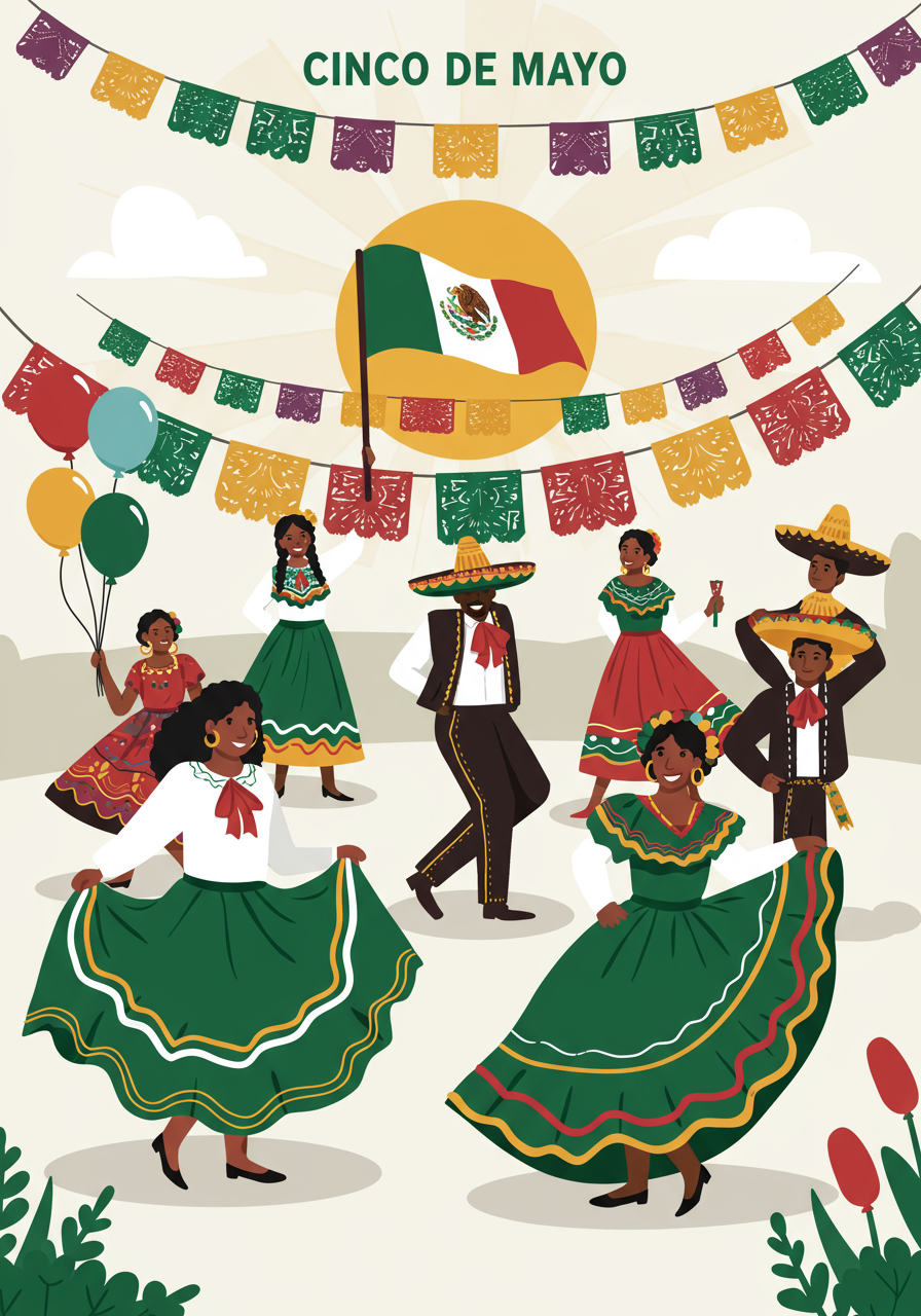 A group of people in traditional Mexican clothing dance and celebrate under colorful banners with a Mexican flag in the background and the text “Cinco de Mayo” above.