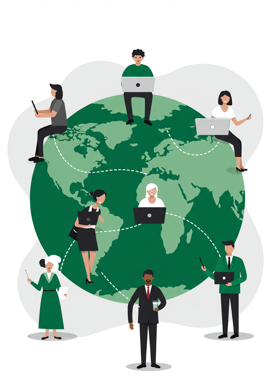 Illustration of diverse people using laptops and tablets around a large globe, connected by dotted lines, representing global online communication and remote work.
