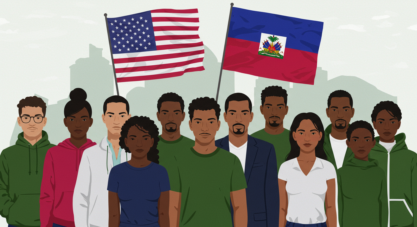 A group of people stand together, holding the United States and Haiti flags, with a cityscape silhouette in the background.