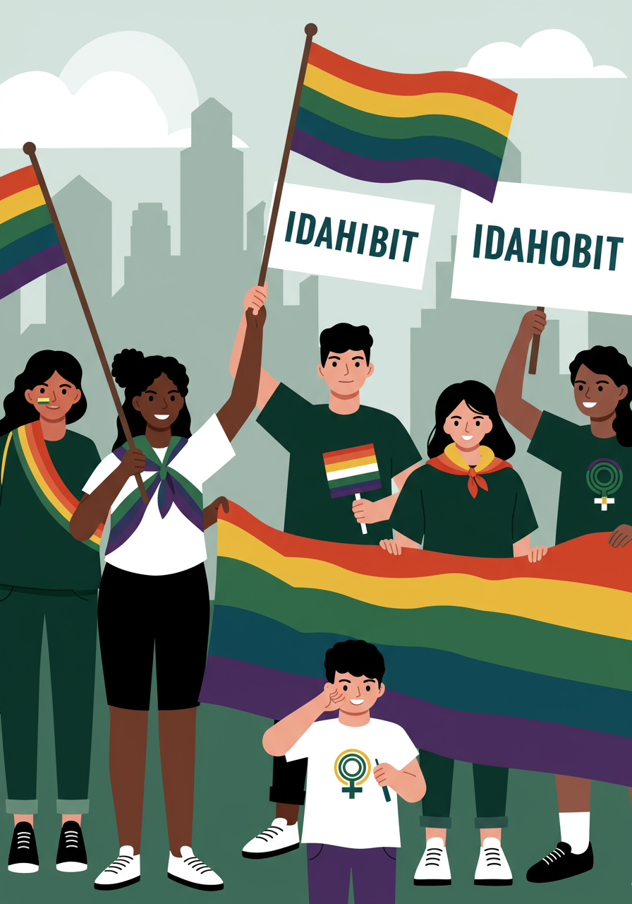 A diverse group of people holds rainbow flags and signs reading "IDAHOBIT" at an outdoor event, with a city skyline in the background.