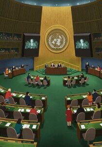 Illustration of a United Nations assembly hall with delegates seated at desks, a panel at the front, and the UN emblem on a gold wall behind them.