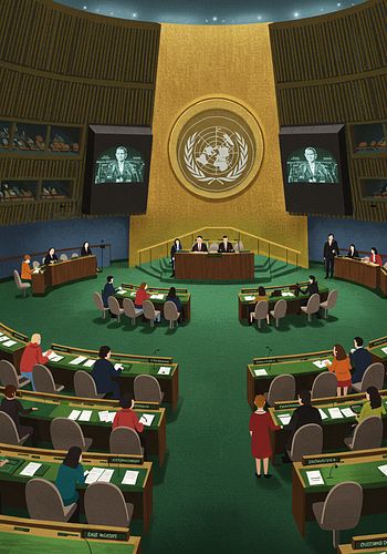 Illustration of a United Nations assembly hall with delegates seated at desks, a panel at the front, and the UN emblem on a gold wall behind them.