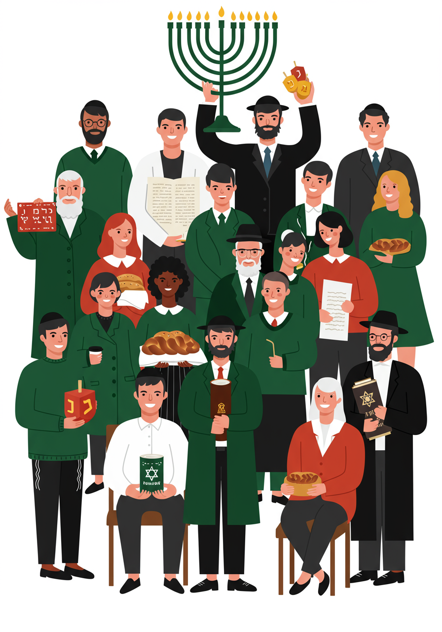 A group of people in green and black clothing pose together holding various Jewish religious items, including a menorah, Torah scroll, challah bread, and religious documents.