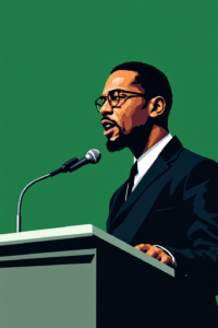 A man in a suit and glasses speaks into a microphone at a podium against a solid green background.