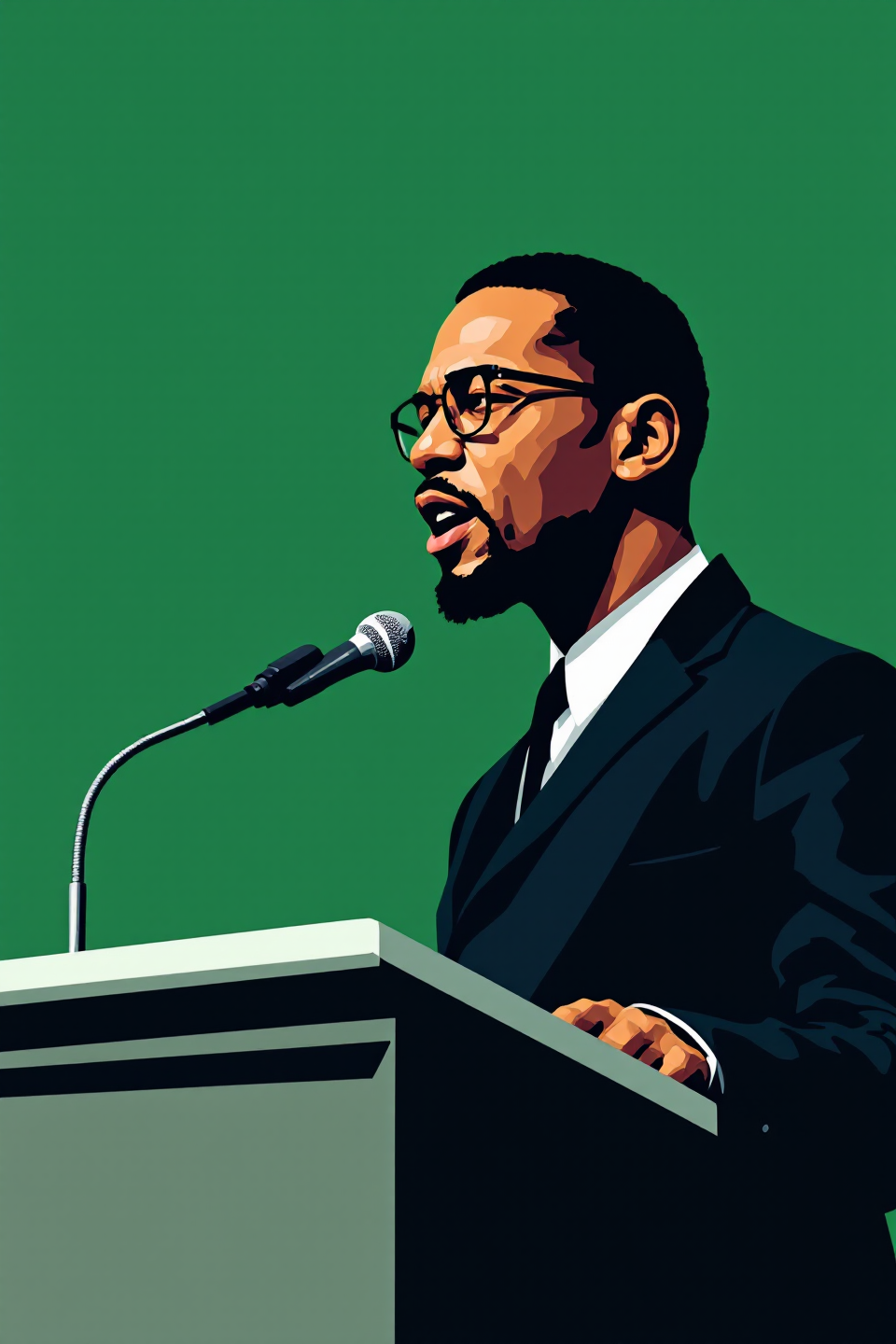 A man in a suit and glasses speaks into a microphone at a podium against a solid green background.