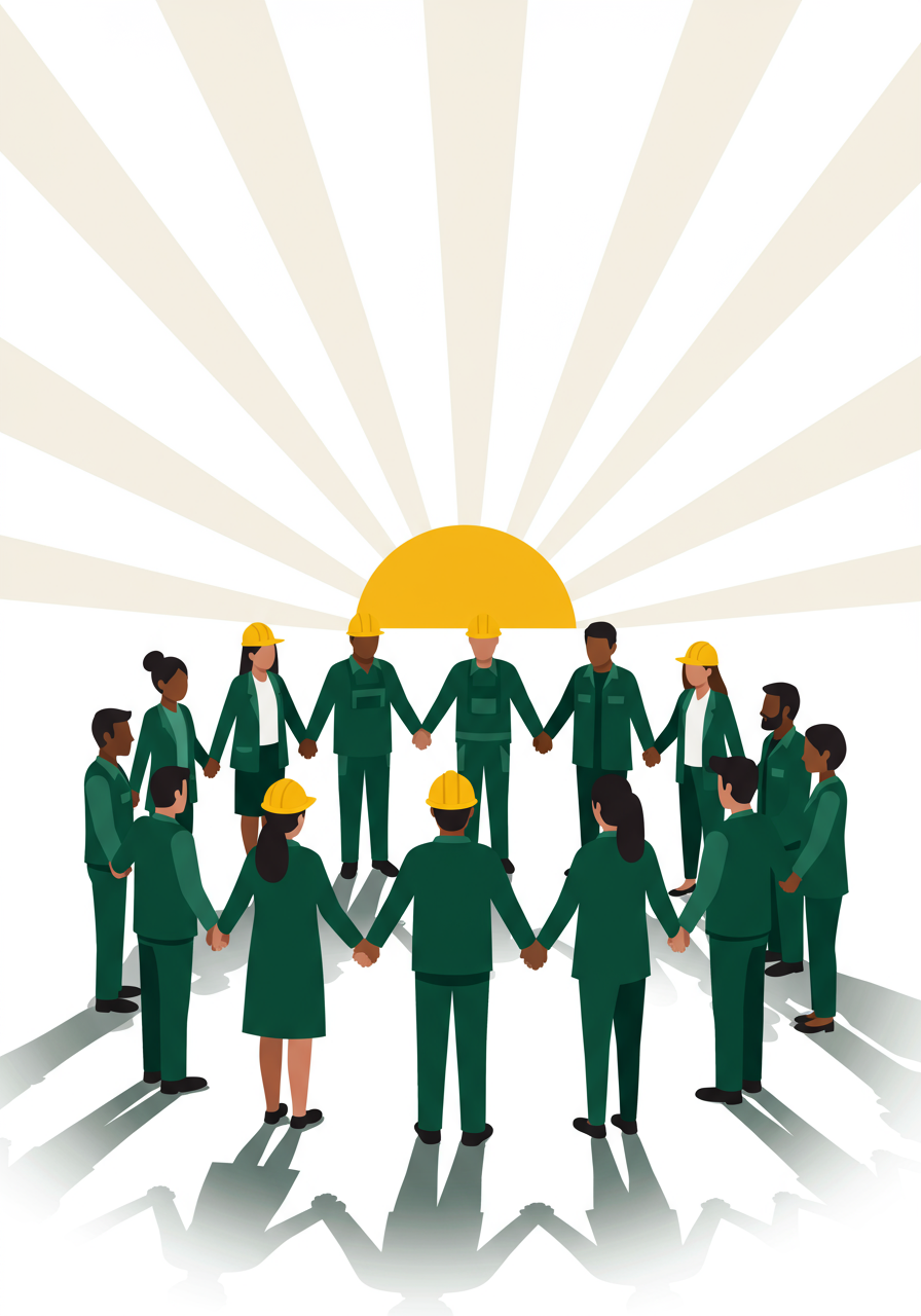 A diverse group of people in green work uniforms and helmets stand in a circle holding hands, with a rising sun in the background.