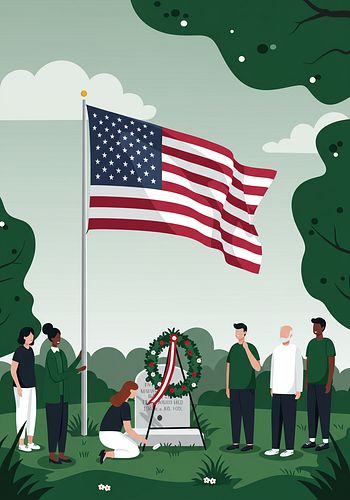A group of people stands around a gravestone adorned with a wreath, beside a large American flag in an outdoor setting with trees and clouds.