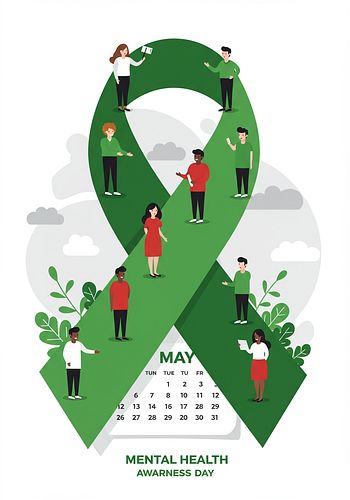 Illustration of people standing on a green awareness ribbon above a May calendar, signifying Mental Health Awareness Day.