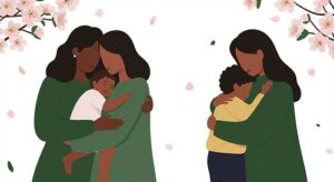 Two women each hugging a child, surrounded by pink flowers and petals on a white background.