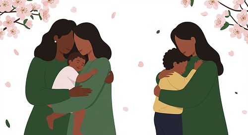 Two women each hugging a child, surrounded by pink flowers and petals on a white background.
