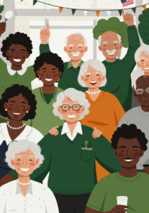 A diverse group of smiling older adults, dressed in green and white attire, pose together indoors under festive bunting and flags.