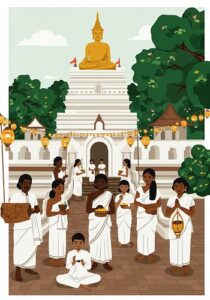 A group of people dressed in white participate in a religious ceremony at a temple with a large golden Buddha statue and lantern decorations.