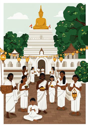 A group of people dressed in white participate in a religious ceremony at a temple with a large golden Buddha statue and lantern decorations.