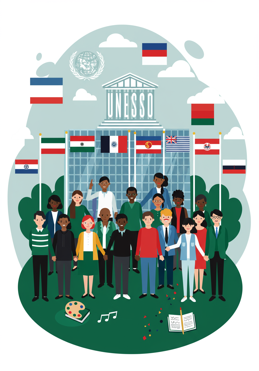 Diverse group of people stand in front of a UNESCO building with international flags, art supplies, music notes, and an open book on the ground.
